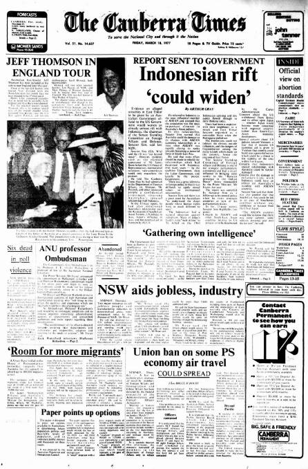 The front page of The Canberra Times on March 18, 1977.