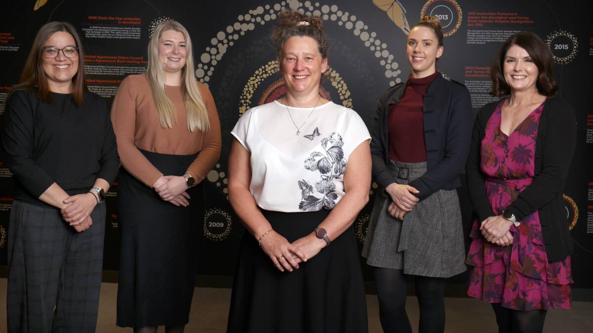 ACT chief health officer Dr Kerryn Coleman, centre, with COVID response team members Vanessa Dal Molin, Josie Jones, Seriden Hall and Rebecca Hundy. Picture: James Croucher