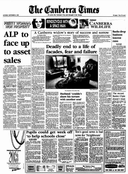 The front page of <i>The Canberra Times</i> on September 8, 1990.