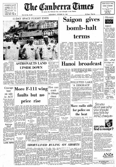 The front page of The Canberra Times on October 23, 1968.