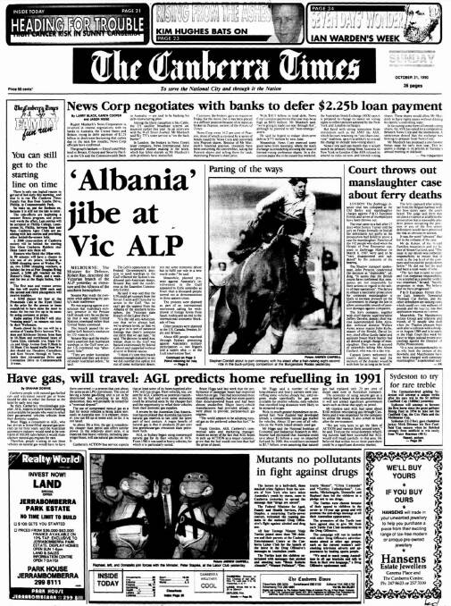 The front page of The Canberra Times on October 21, 1990.