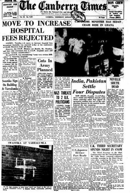The front page of The Canberra Times on January 12, 1960.