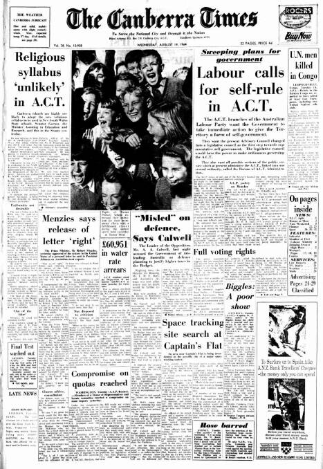 The front page of <i>The Canberra Times</i> on August 19, 1964.