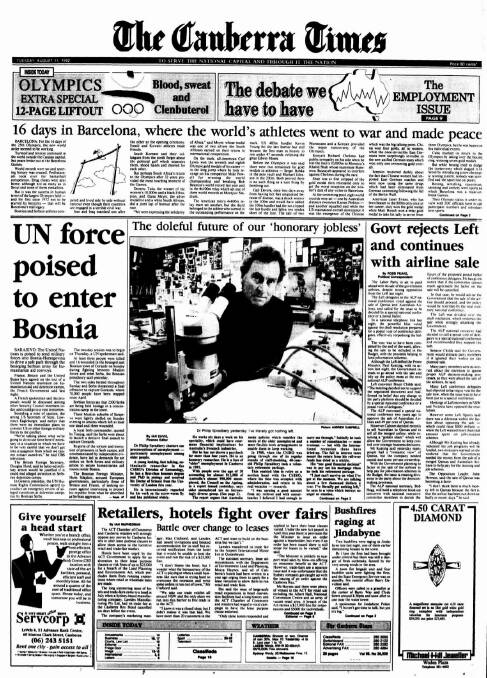 The front page of <i>The Canberra Times</i> on August 11, 1992.