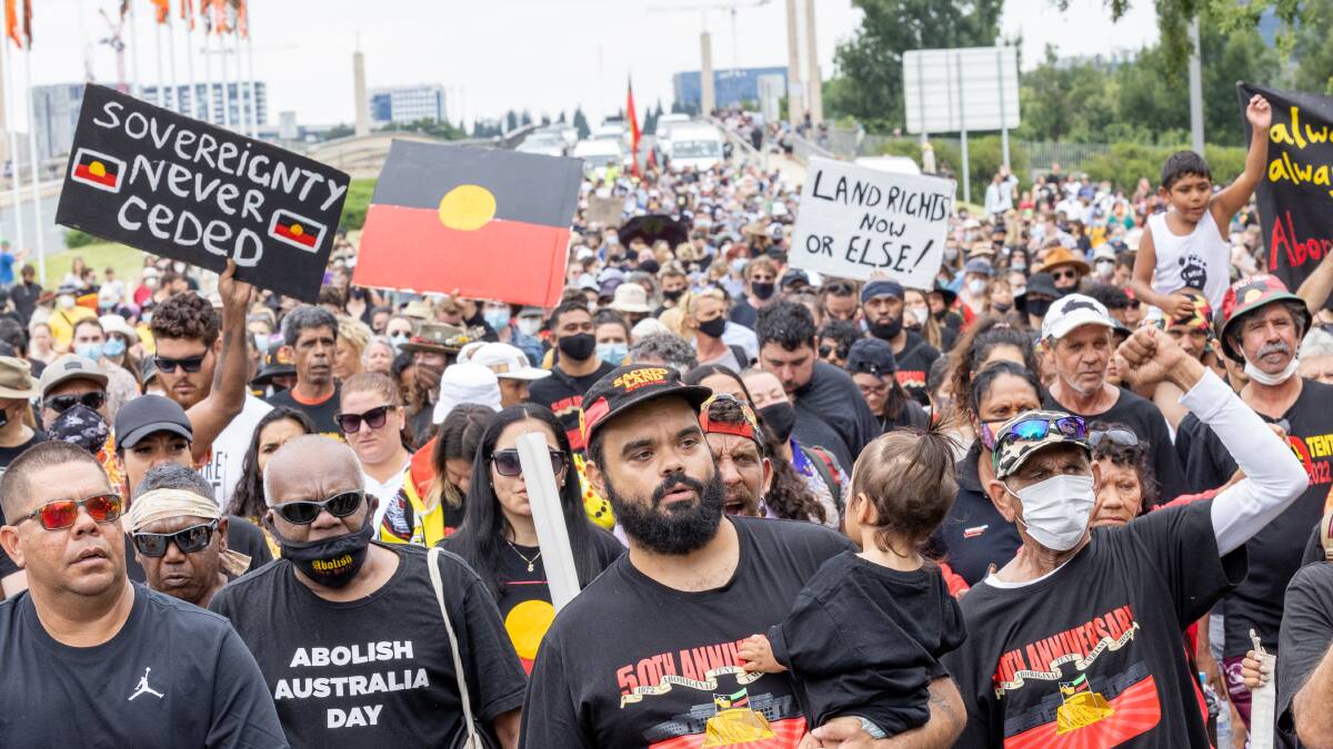 Marchers on the 50th anniversary of the Aboriginal Tent Embassy earlier this year. Picture: Sitthixay Ditthavong 