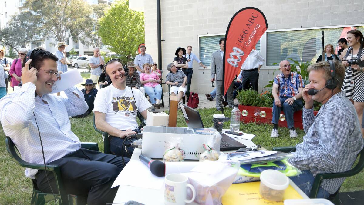 Ross Solly interviewing Zed Seselja and Andrew Barr when in his previous role as breakfast presenter. Picture by Jeffrey Chan 