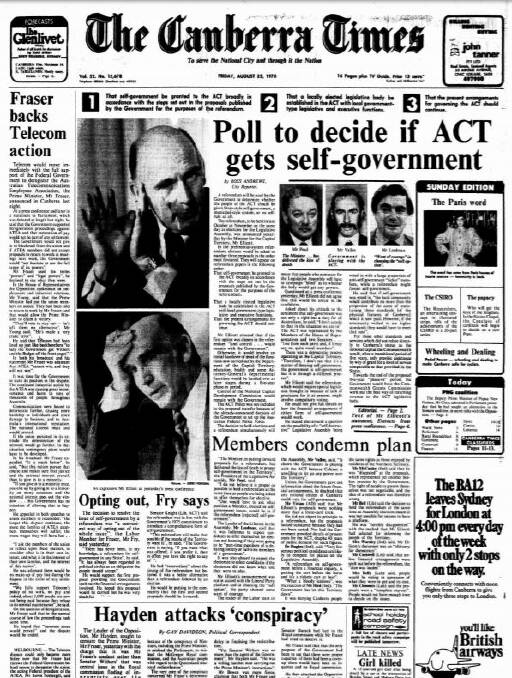 The front page of <i>The Canberra Times</i> on August 25, 1989.