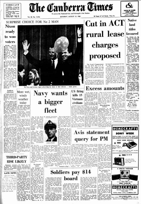 The <i>Canberra Times'</i> front page on August 10, 1968.
