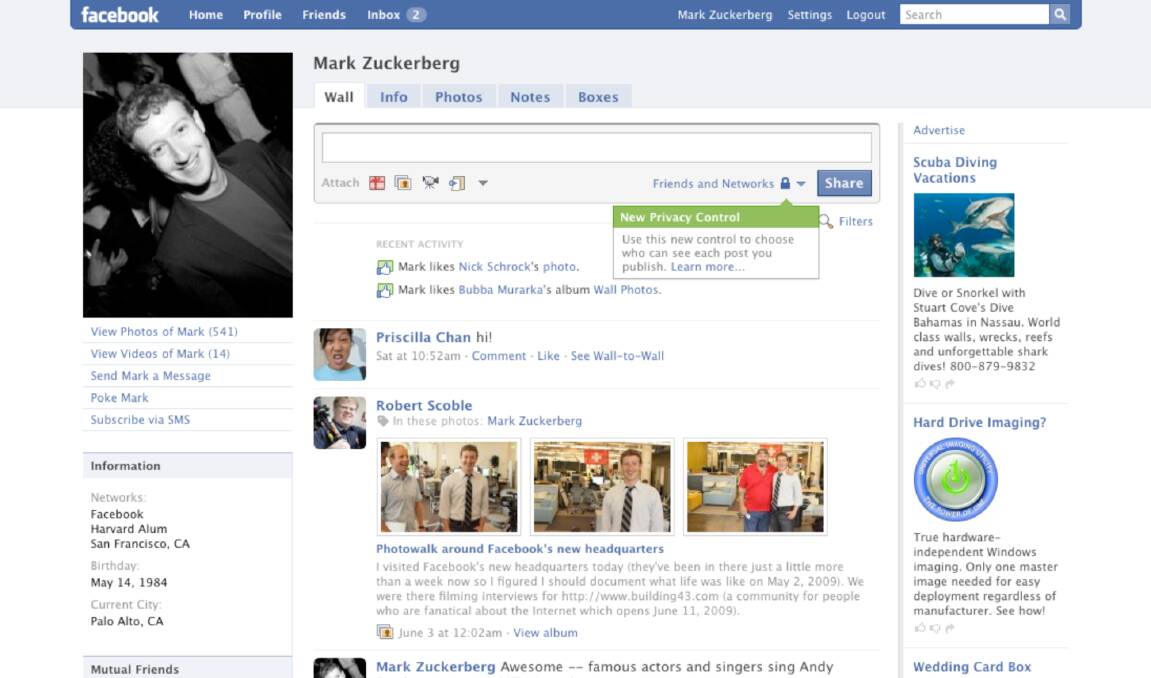 Mark Zuckerberg's Facebook page in 2009. 