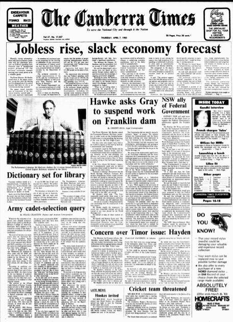 The front page of The Canberra Times on April 7, 1983.