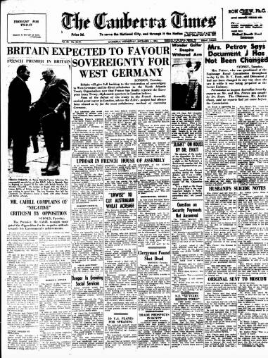 The front page of <i>The Canberra Times</i> on September 1, 1954.
