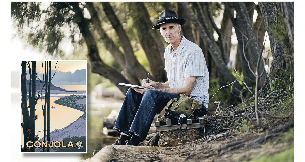 Canberra Times cartoonist David Pope at Lake Conjola and, inset, the finished work. Picture: Dion Georgopoulos