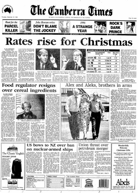 The front page of The Canberra Times on December 15, 1994.