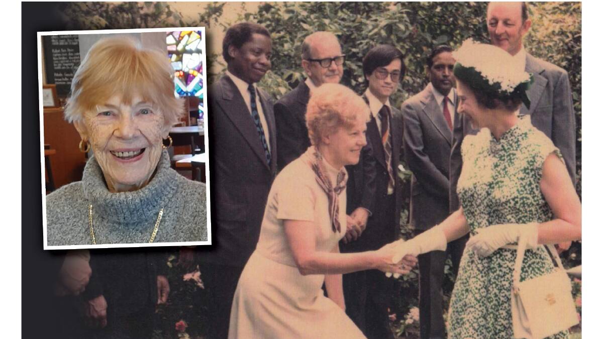 Joyce Koch meeting Queen Elizabeth II at the New Zealand Embassy in Washington in 1976 and, inset, in more recent times. Pictures supplied 
