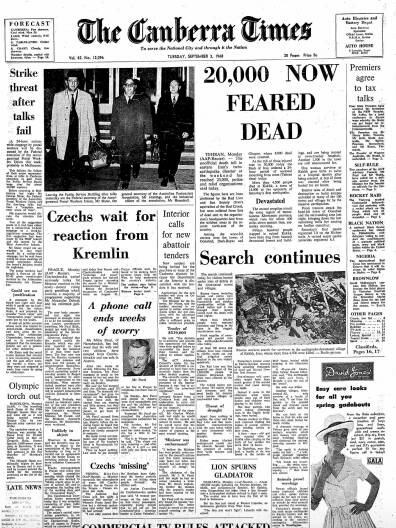 The front page of <i>The Canberra Times</i> on September 4, 1968.