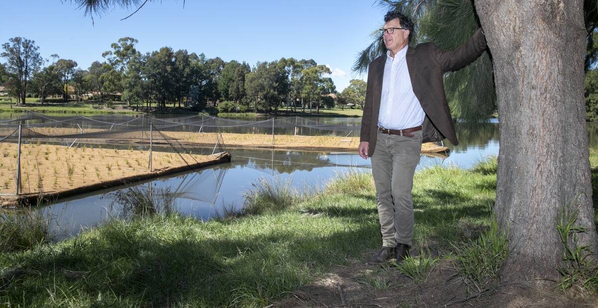 Ralph Ogden, ACT Healthy Waterways Manager, and a floating wetland in Lake Tuggeranong. Picture: Keegan Carroll