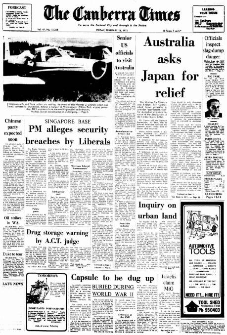The front page of The Canberra Times on February 16, 1973.