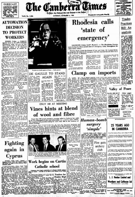 The front page of The Canberra Times on November 6, 1965.