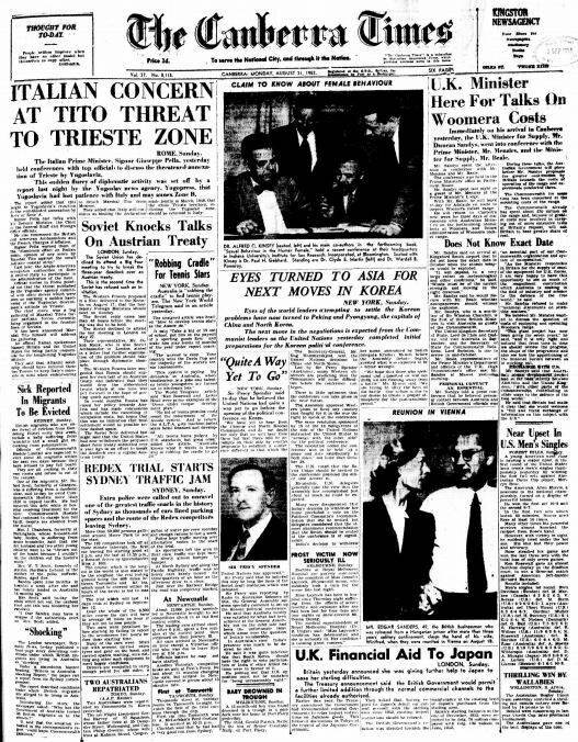 The front page of The Canberra Times on August 31, 1953.