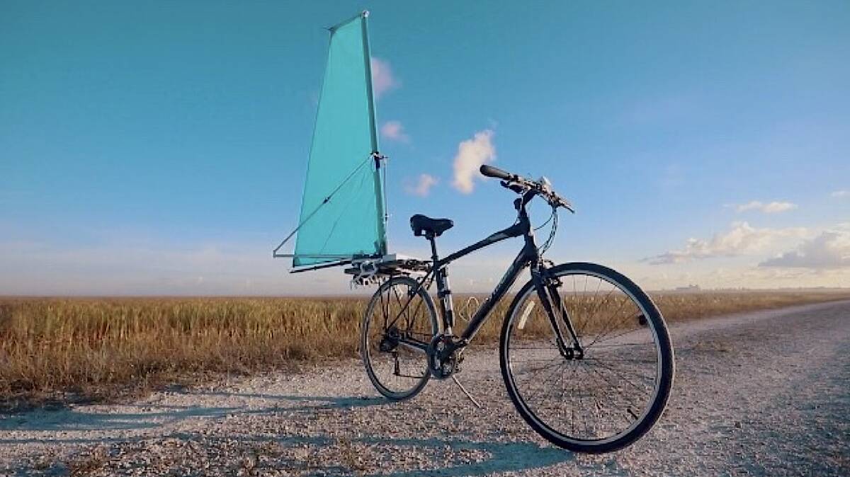 A proposed retractable sail on a bike on Kickstart in 2019. Picture: Kickstart