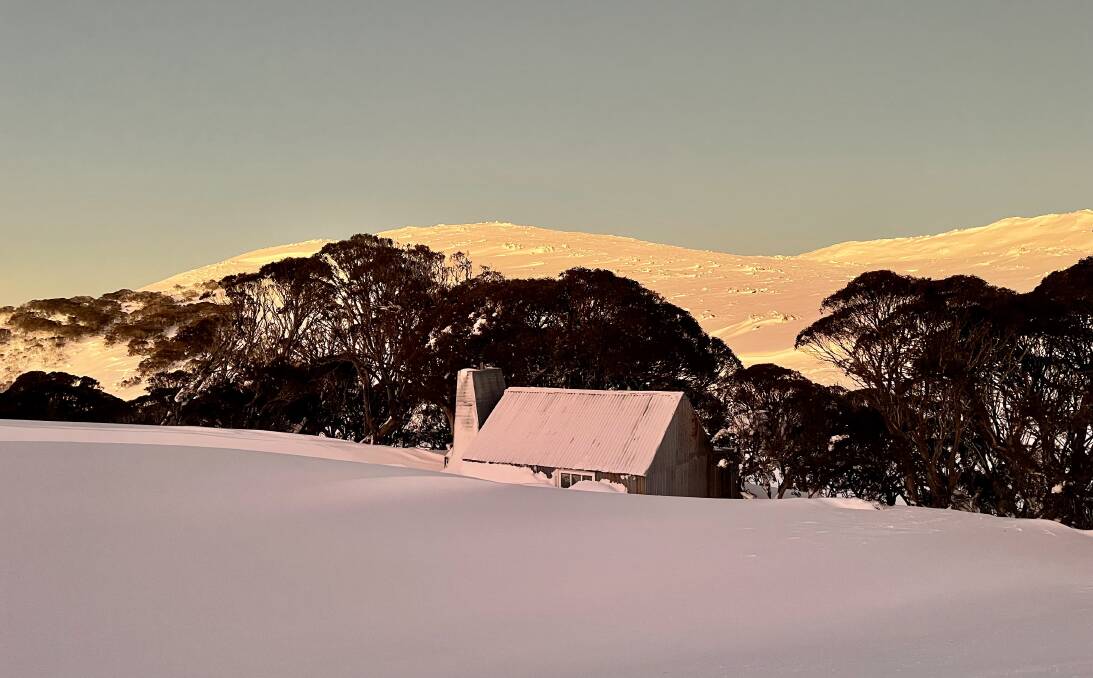 The pair were surprised to find so much snow at Tin Hut so early in the season. Picture: Andrew Pearce