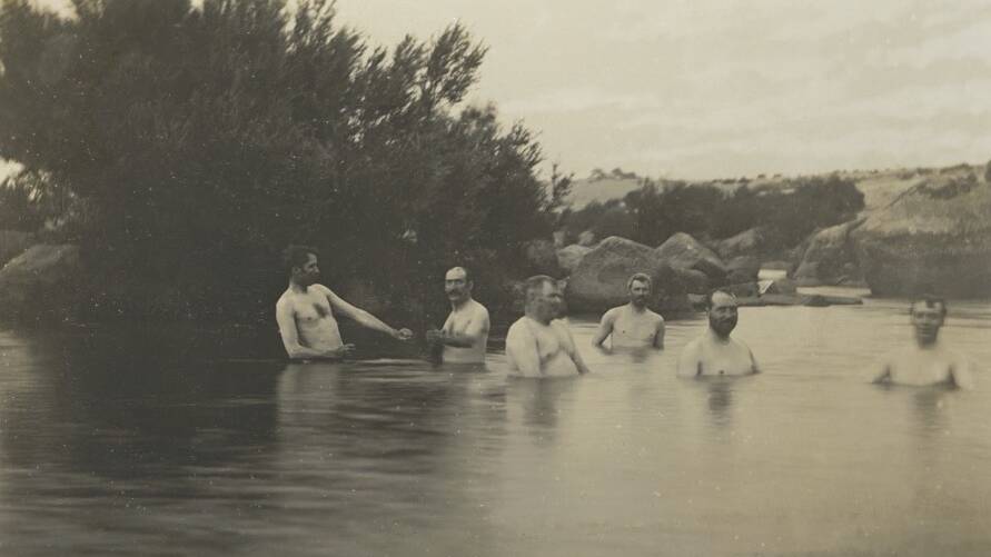 Australian senators bathing in The Snowy River at Dalgety in 1902. Picture: Edmund Luke, NLA