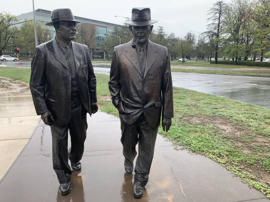 The statue of John Curtin (left) and Ben Chifley on a grey Canberra day. Picture: Tim the Yowie Man