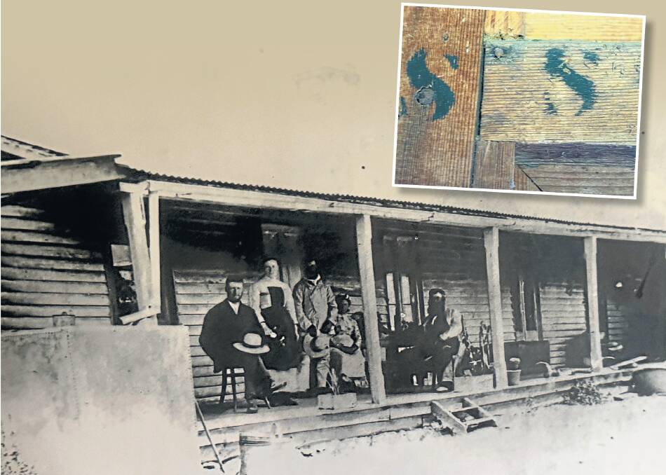 The Nicholson family on the veranda of Woolingubrah Inn. Inset: Stencilled letters and numbers aided hasty construction. Picture supplied