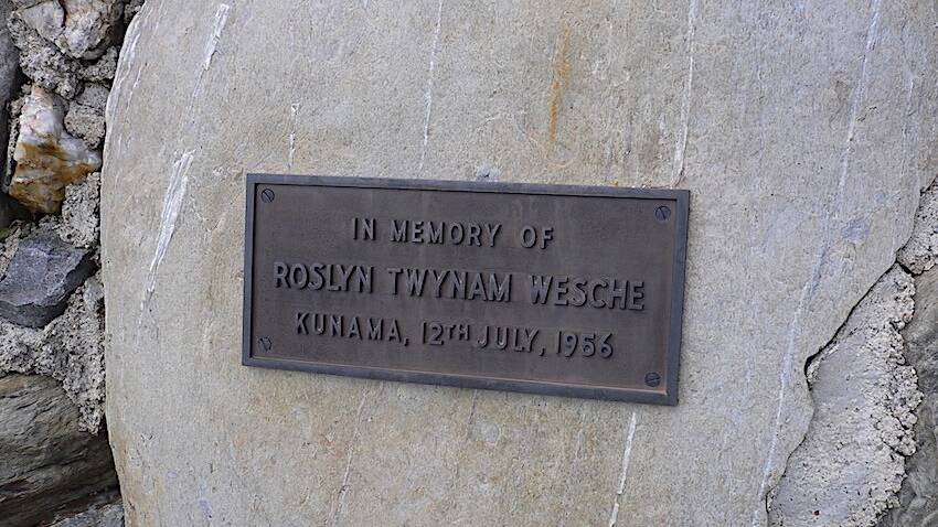 A plaque in memory of Roslyn Twynam Wesche on the crumbling granite foundations of Kunama Hutte ruins. Picture: Matthew Higgins
