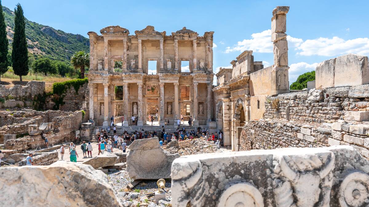 The facade of the Library of Celsus at the ancient city of Ephesus.