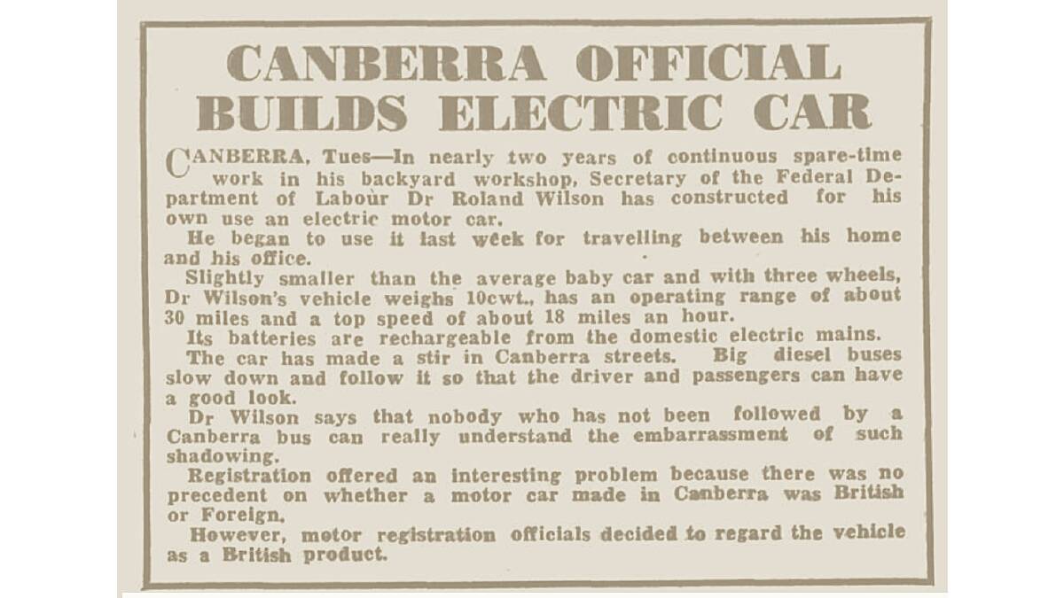 Perth newspaper The Daily News reports on Sir Roland Wilson's electric car in August 1944.