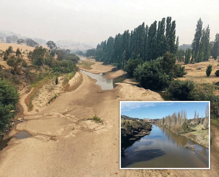 The Murrumbidgee River, viewed upstream from the Tharwa Bridge, on December 2019 and August 2021 (inset). Picture: Simon Lowes
