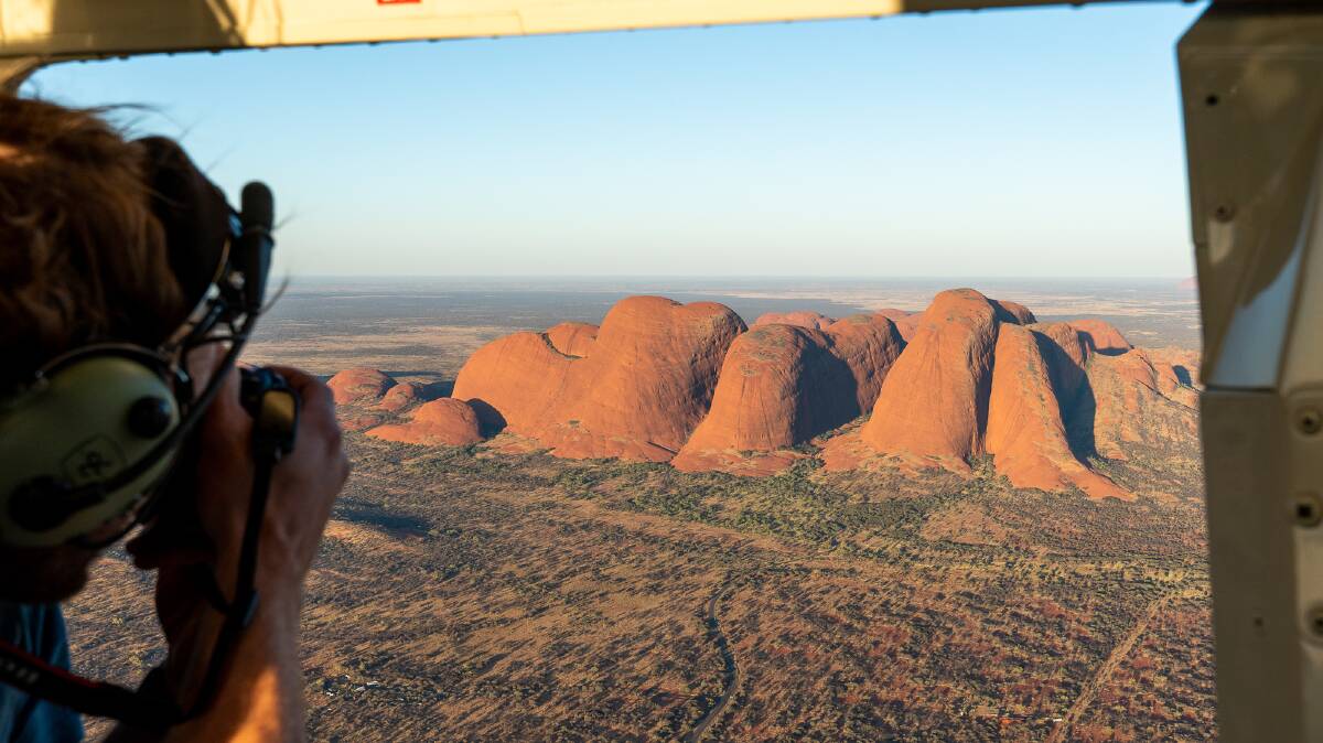 The view of Kata Tjuta from a helicopter above the national park.