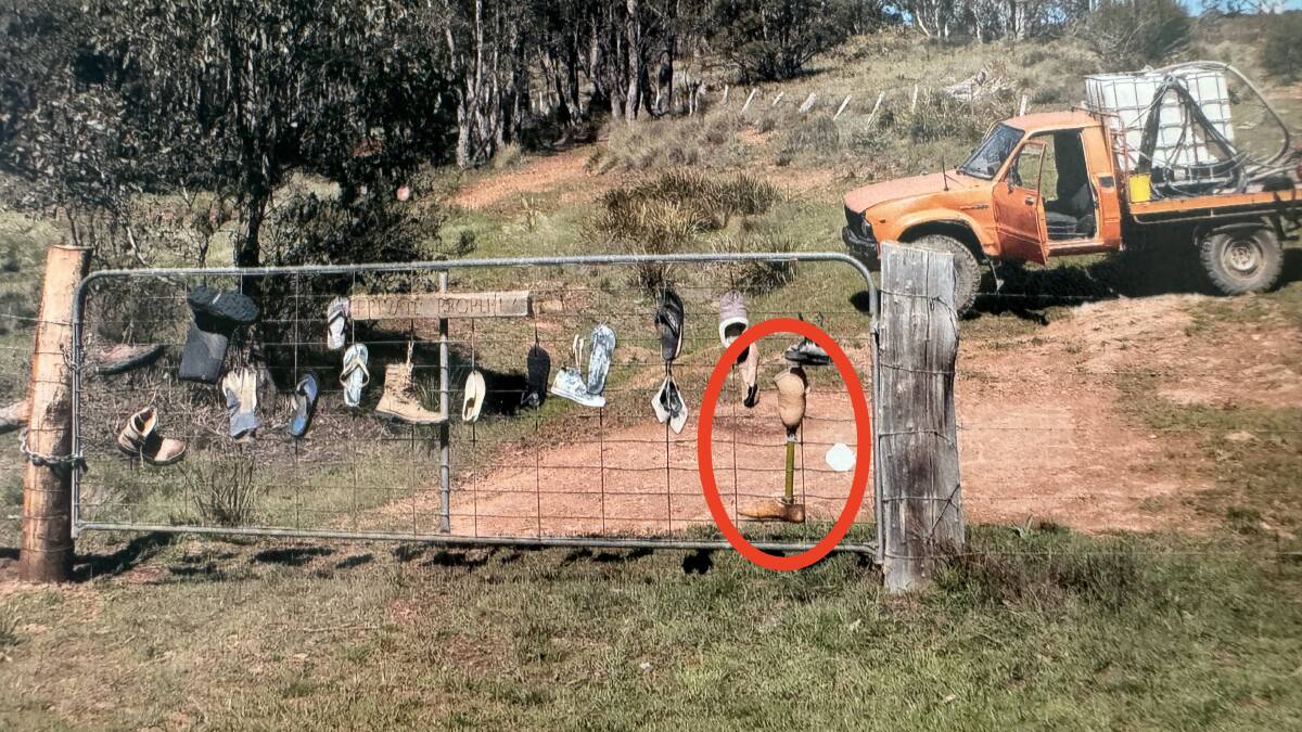 The infamous prosthetic leg - one of the more unusual additions to appear (and later disappear) at the Bobeyan Boot Gate. Picture by Mark Watson