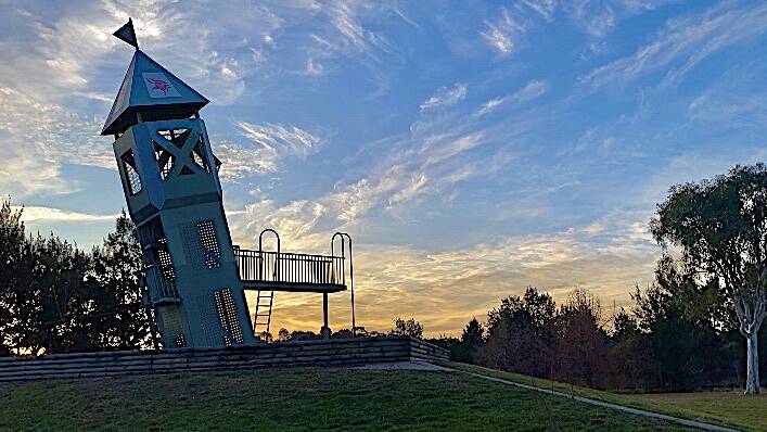 A fresh angle: The Leaning Tower of Gordon at Point Hut Pond Adventure Playground. Picture by Tim the Yowie Man