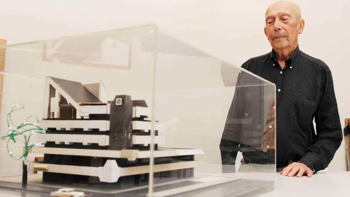 Architect Enrico Taglietti with a model of the iconic Cinema Center. Picture Rohan Thompson