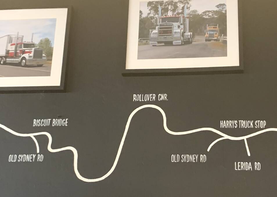 The mural at the Old Hume Cafe in Gunning featuring Biscuit Bridge and Rollover Corner. Picture: Tim the Yowie Man