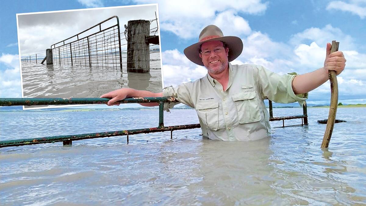 Tim inspects the rising waters of Lake George near Bungendore this week. Inset: The same gate photographed just six weeks ago. Pictures by Phil Sledge and Tim the Yowie Man