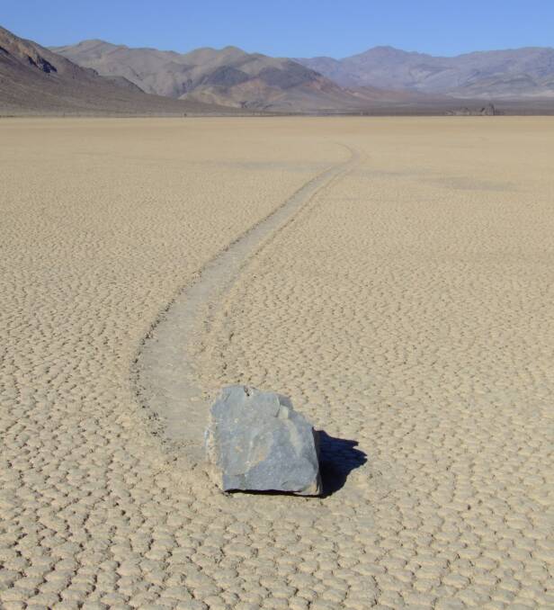 The trail left by a sailing stone in Death Valley. Picture: Wikicommons