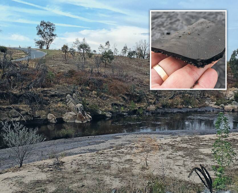 The blackened banks of the Gudgenby River after flooding rains in February 2020. The 'black cake' (inset) that settled on top. Picture: Andy Lowes