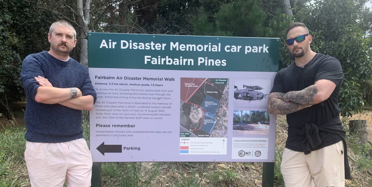  Lachlan Moore and Andrew Dowling at the entrance to Fairbairn Pines. Picture: Tim the Yowie Man