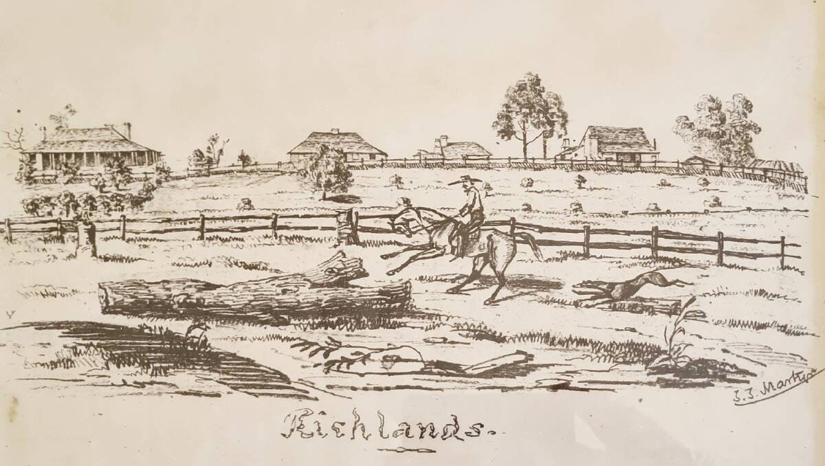 An 1851 pencil sketch of Richlands' main homestead (left), several timber cottages and at far right the thatched cover over twin underground silos. Picture supplied