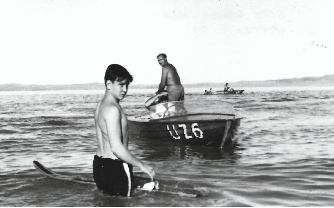 Michael Knobel prepares to water ski Weereewaa in the early 1960s. Bert Vest is the boat driver, but the identity of the shirtless 'spotter' is unknown. Picture: Glenda McDevitt