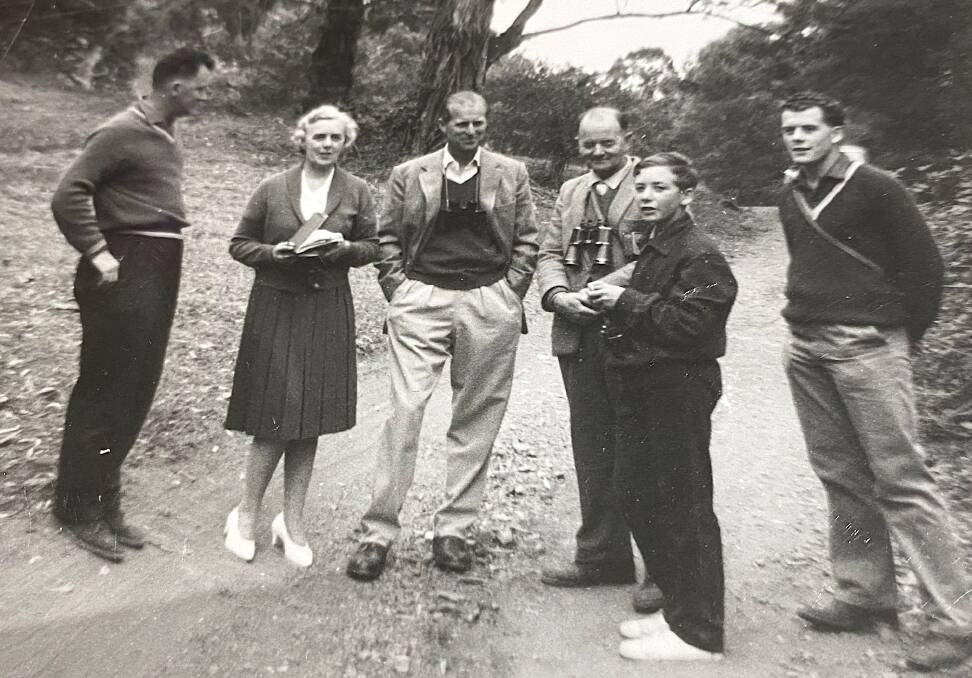 Prince Philip, flanked by Nonie and Steve Wilson, birdwatching at Lake George in 1963. Sarah's father, Kevin, is far right. Picture: Courtesy of Sarah Buchanan