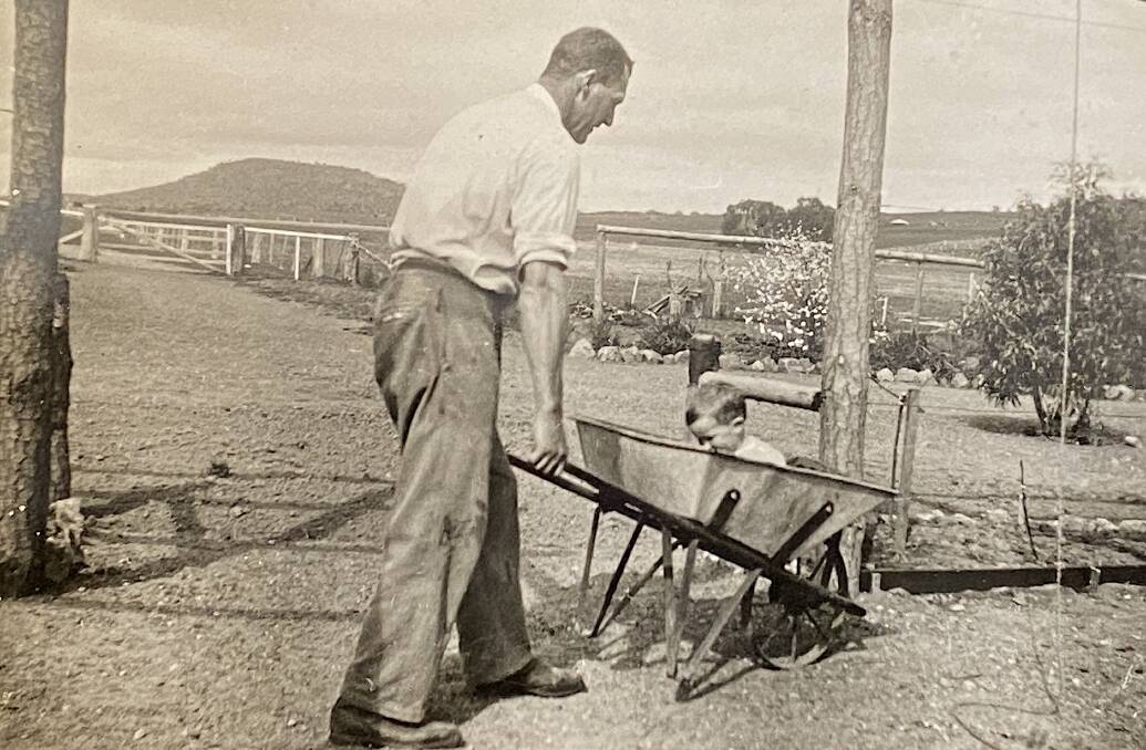 Robert Campbell and his father George in the garden at Yarra Glen in 1933. That's Mount Taylor in the background. Picture courtesy of Robert Campbell