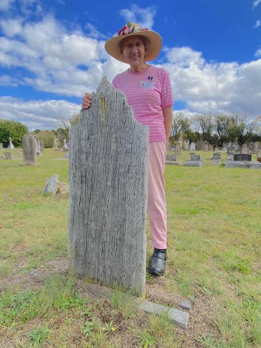 Braidwood Historic Cemetery honorary convenor Margaret Royds at the wooden stele. Picture by Tim the Yowie Man