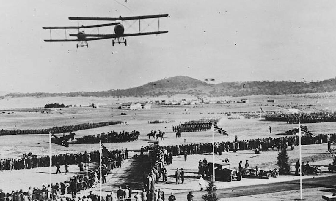 The fly-past at the opening of Old Parliament House in which Ewen's plane swept from the formation and crashed in front of horrified onlookers. Picture: Mildenhall/NAA