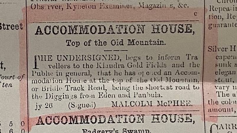 An advertisement for overnight stays at the Woolingubrah Inn, also known as the Mountain Hut Hotel, in the Twofold Bay Telegraph on October 26, 1860. Picture supplied