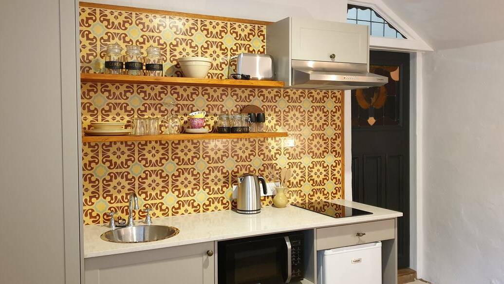 Encaustic tiles brighten up the kitchenette at the new Squatters Arms B&B. Picture: Raelene Forbes