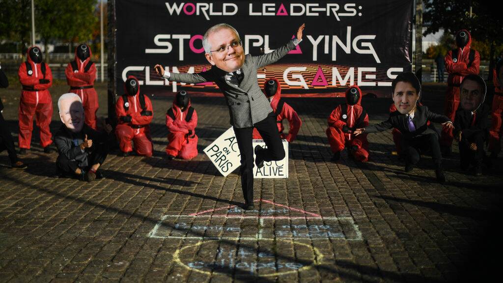 Protesters parody world leaders outside the COP26 conference in Glasgow. Picture: Getty Images